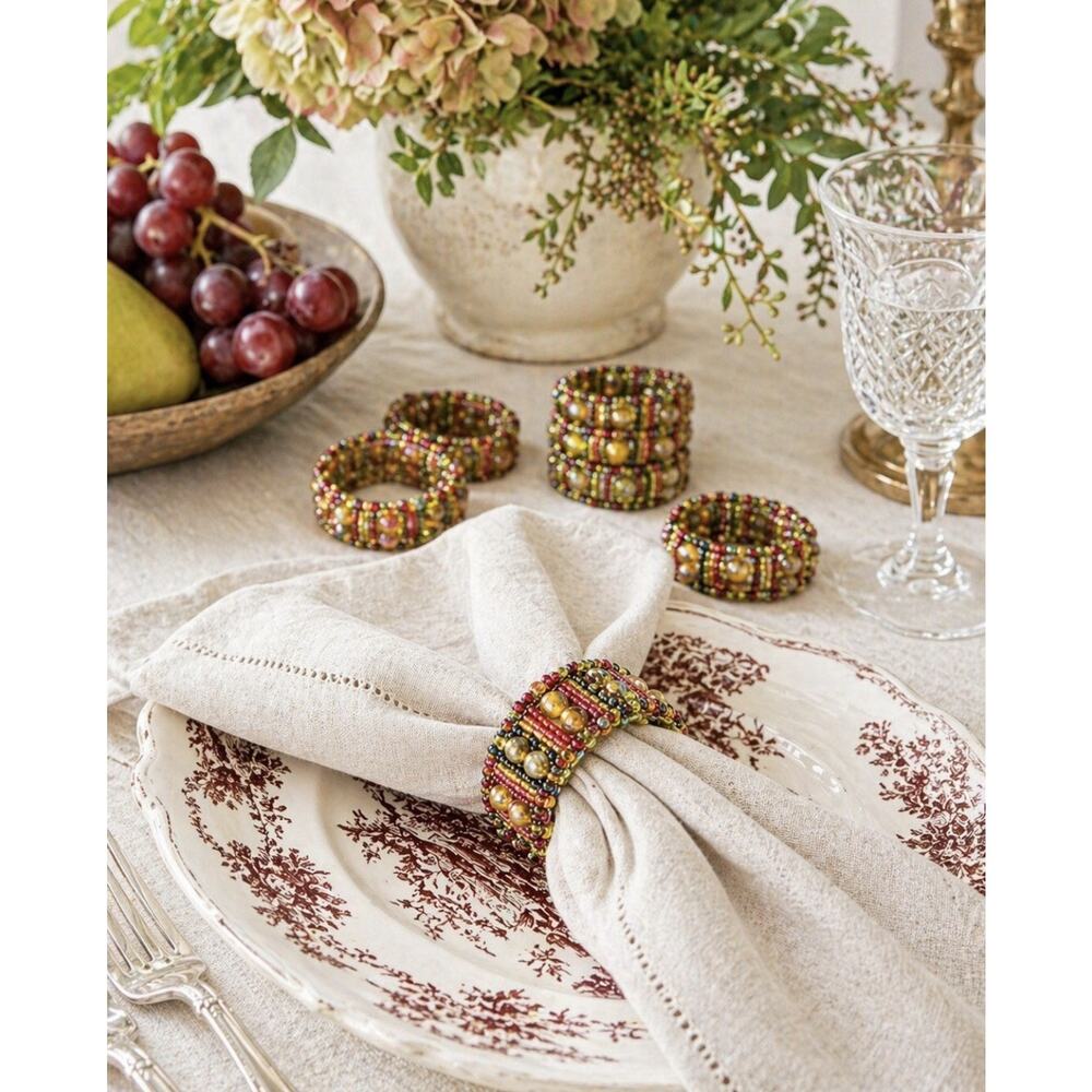Boho Beaded Napkin Rings Set Jewel Tone Burgundy Gold Artisan Table Decor